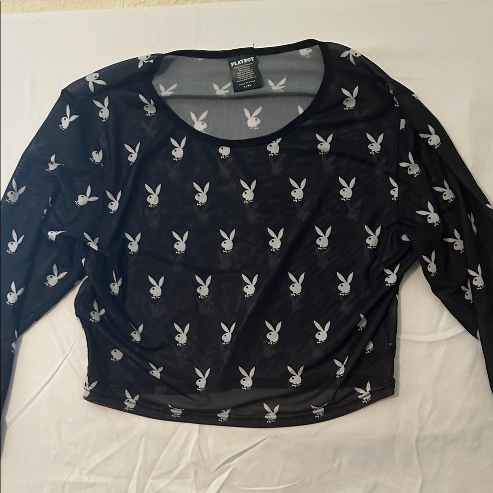PLAYBOY Black Sheer Mesh Long-Sleeve Top with White Bunny Print